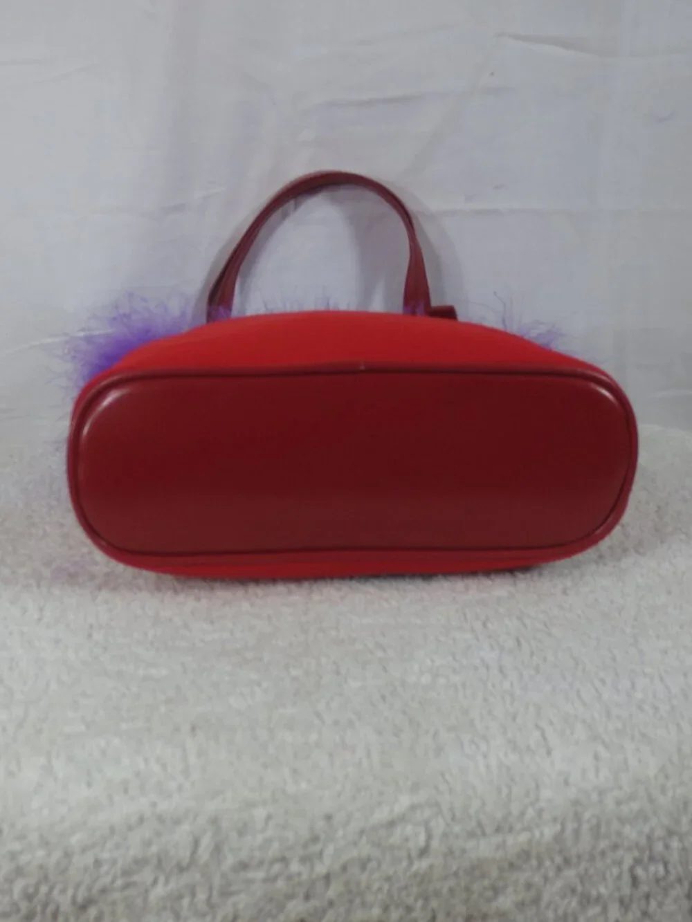 90s Red Hat Bag Red Purple Fabric Vinyl Rhinestone Feather Small Shoulder Purse